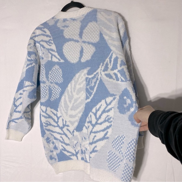 Vintage Blue White Leaf Print Jacquard Button Up Cardigan M - Picture 11 of 14